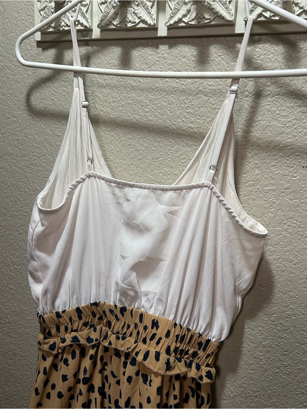 Main Strip White Top with Tan and Black Spotted Skirt Midi Dress - Picture 8 of 9